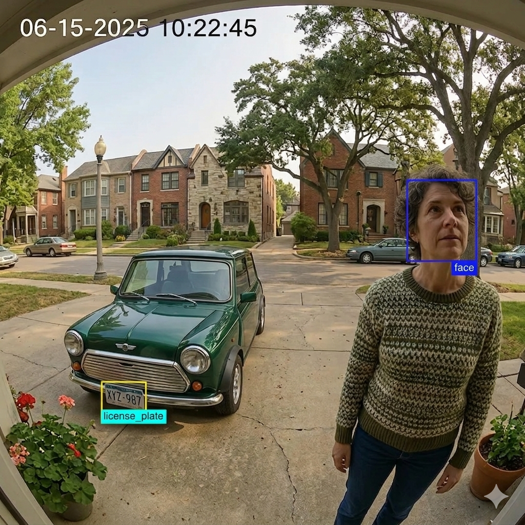RennixEye identifying a face and reading a vehicle license plate on a residential street