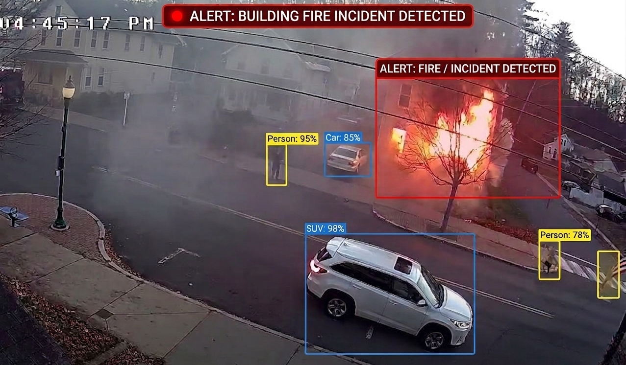RennixEye detecting a building fire incident on a street camera, with people and vehicles labelled