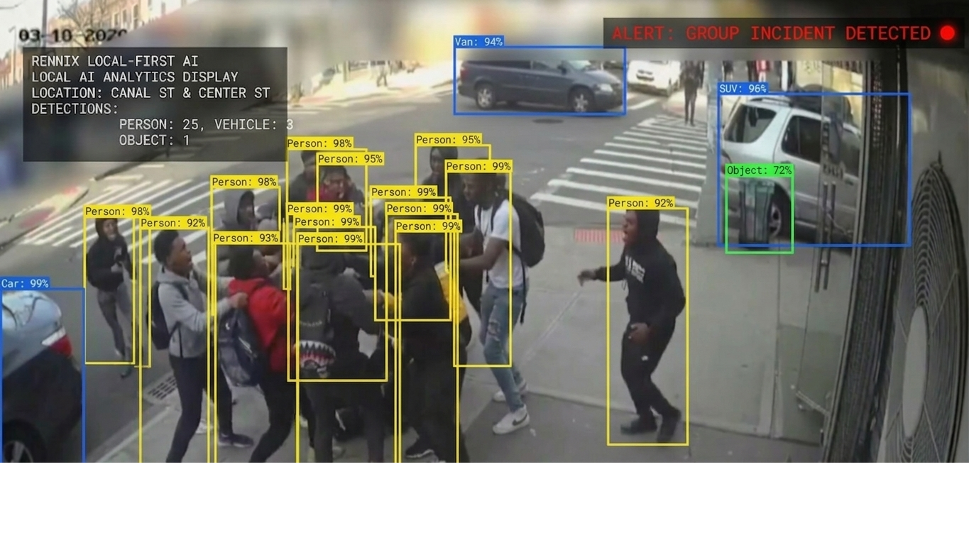 RennixEye live analytics detecting a group incident — 25 people and 3 vehicles labelled with confidence scores on a street camera feed